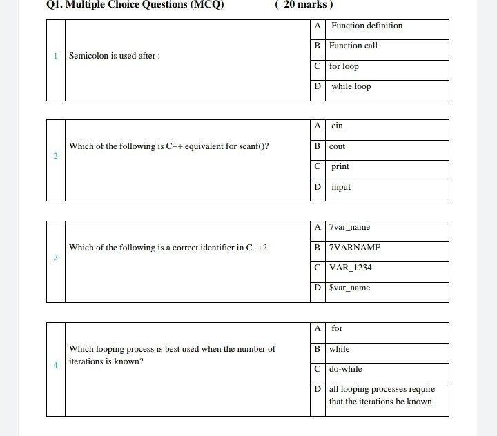 Solved Q1. Multiple Choice Questions (MCQ) ( 20 marks ) A | Chegg.com