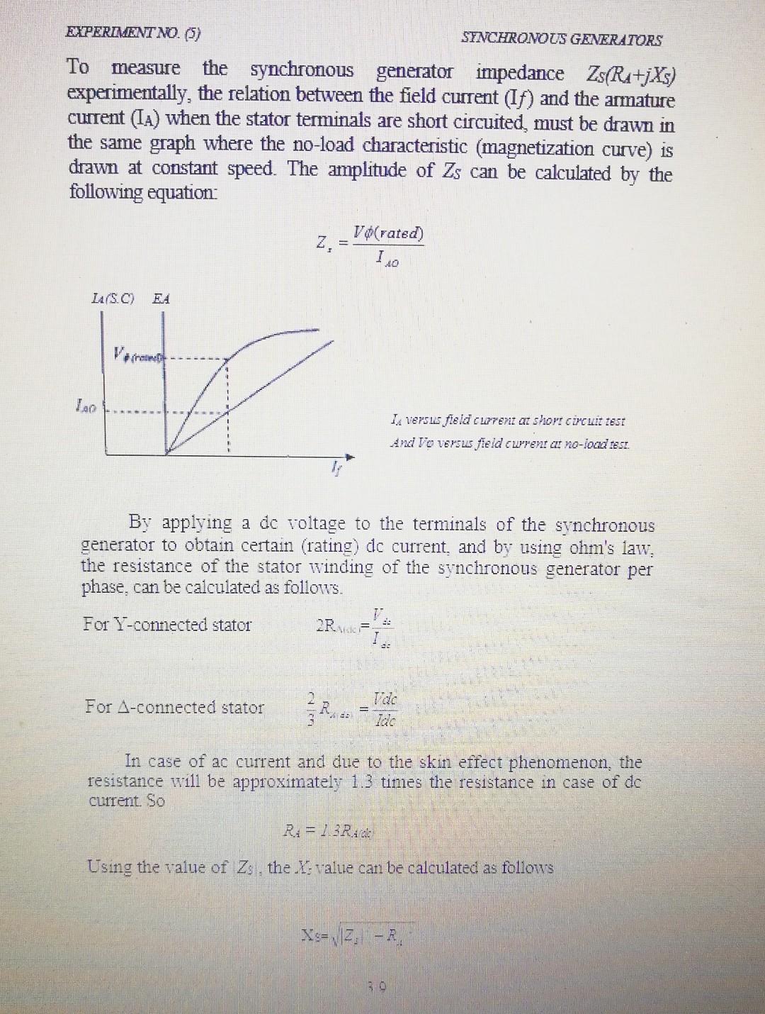 EXPERIMENT N05 SYNCHRONOUS GENERATORS I. Objectives: | Chegg.com