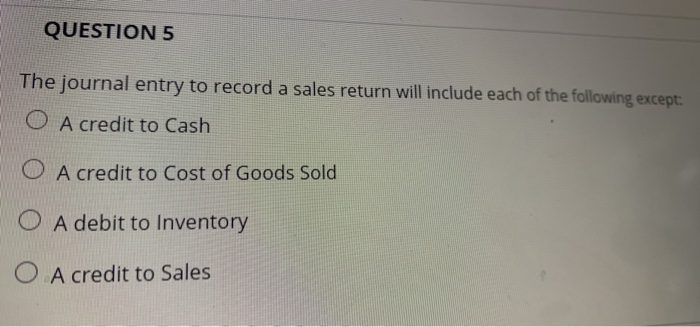 Solved QUESTION 5 The journal entry to record a sales return 