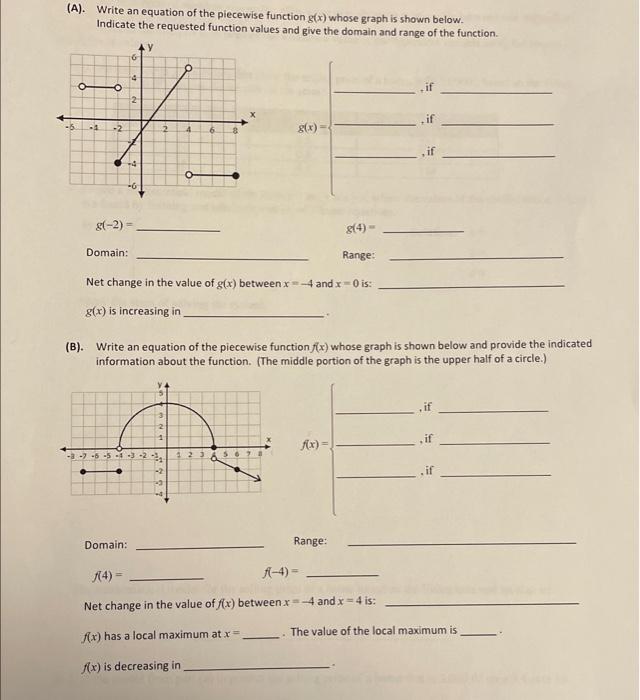 Solved (A). Write an equation of the piecewise function g(x) | Chegg.com