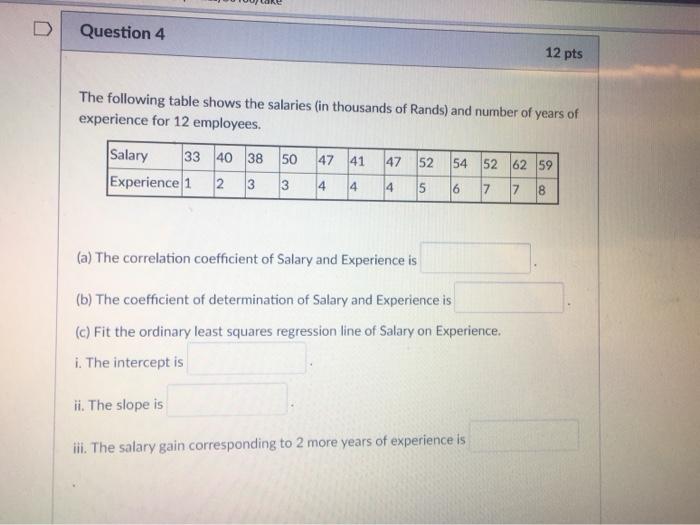 Solved D Question 4 12 pts The following table shows the | Chegg.com