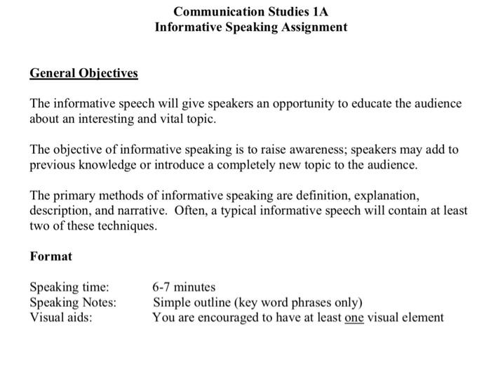 Communication Studies 1A Informative Speaking | Chegg.com