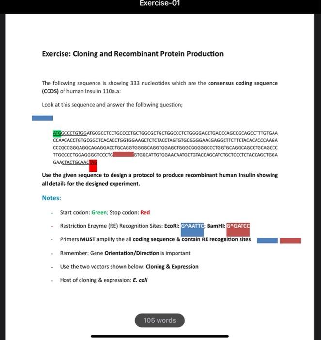 Solved Exercise: Cloning And Recombinant Protein Production | Chegg.com