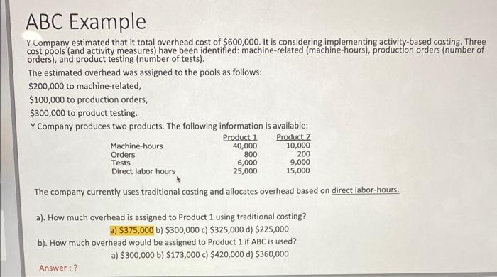 Solved ABC Example Y Company estimated that it total | Chegg.com