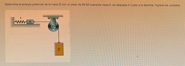 Determine la energia potencial de la masa B con un peso de 68 ibf cuandola masa A se desplaza 4.3 pies a la derecha. Ingrese