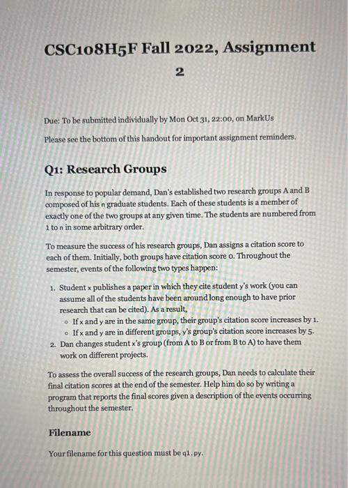 Solved CSC108H5F Fall 2022, Assignment 2 Due: To be | Chegg.com