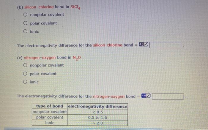 Solved (b) silicon-chlorine bond in Sici, O nonpolar | Chegg.com