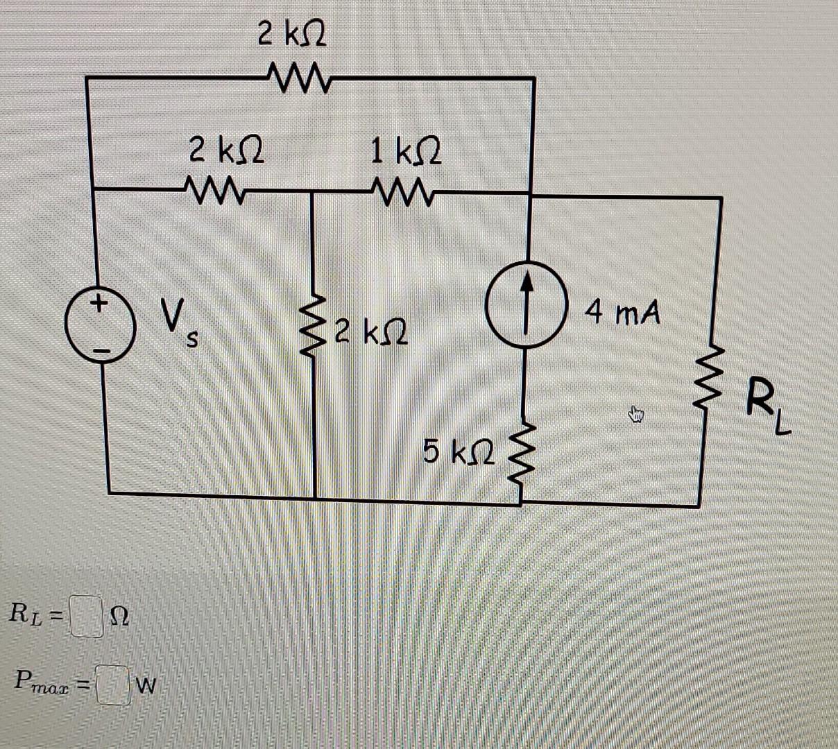 \( \begin{array}{l}R_{L}=\Omega \\ P_{\text {max }}=W\end{array} \)