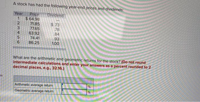 Solved A stock has had the following year-end prices and Solved A stock has had the following year-end prices and