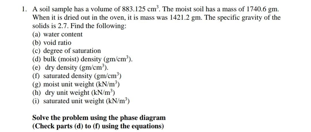 Solved 1. A soil sample has a volume of 883.125 cm². The | Chegg.com