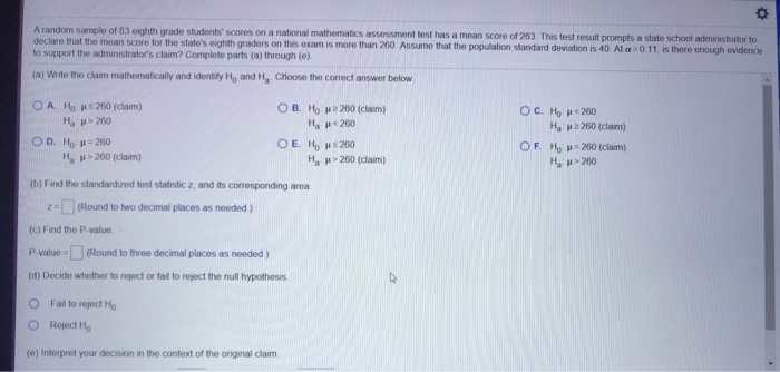 Solved A random sample of 83 eighth grade students' scores | Chegg.com