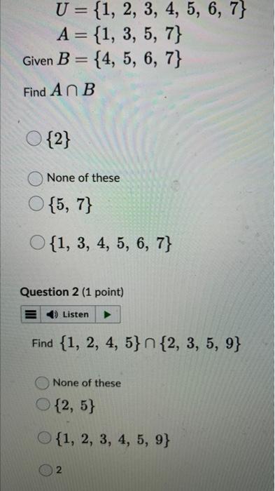 Solved U={1,2,3,4,5,6,7}A={1,3,5,7} Given B={4,5,6,7} Find | Chegg.com