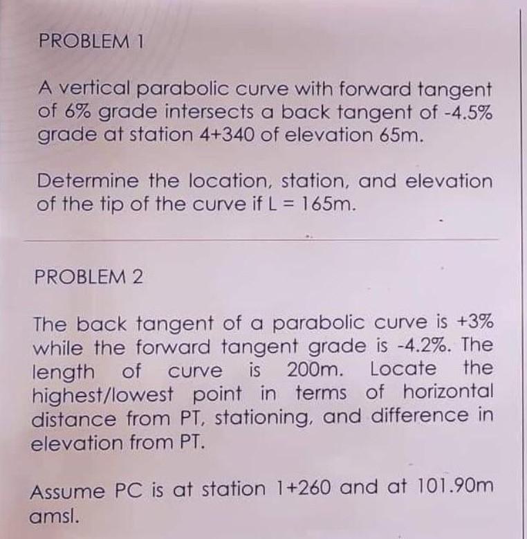 Solved PROBLEM 1 A vertical parabolic curve with forward | Chegg.com