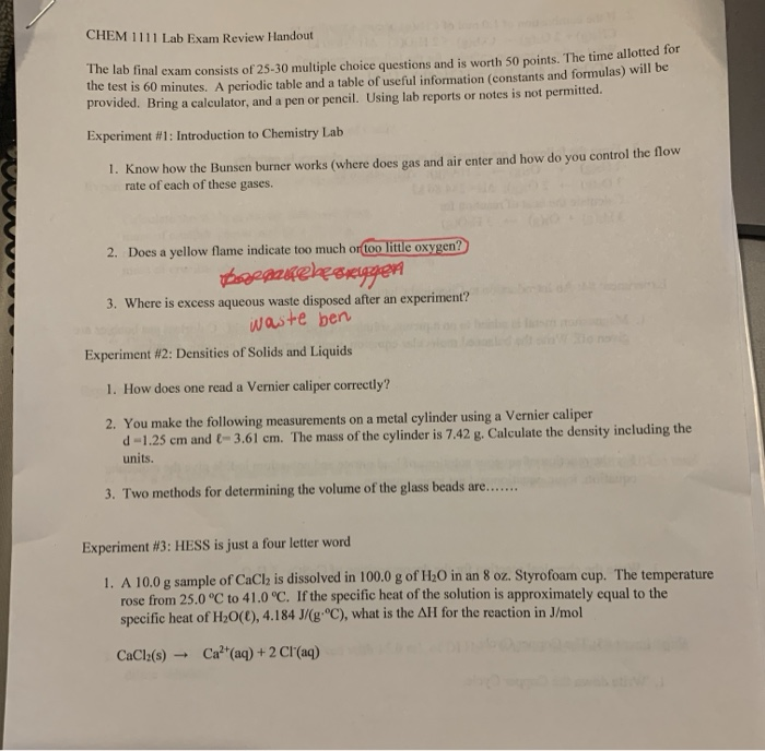 CHEM 1111 Lab Exam Review Handout tab final exam | Chegg.com