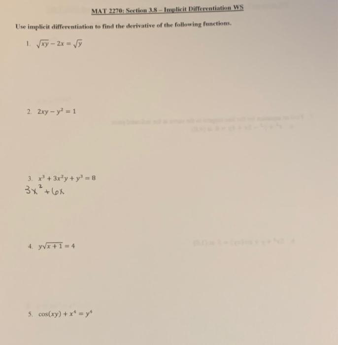 Solved MAT 2270: Section 3.8 - Implicit Differentiation WS | Chegg.com