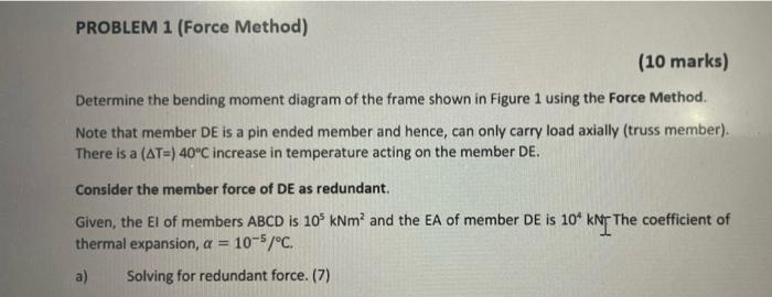 Solved PROBLEM 1 (Force Method) (10 Marks) Determine The | Chegg.com