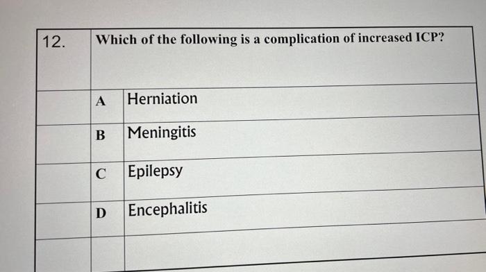 12. Which of the following is a complication of increased ICP?
A Herniation
B Meningitis
C Epilepsy
D Encephalitis