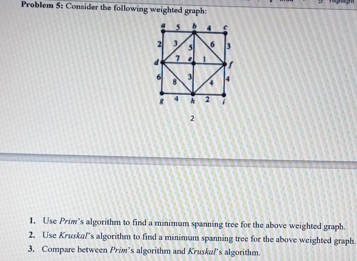 Solved Problem 5: Consider the following weighted graph: 5 | Chegg.com