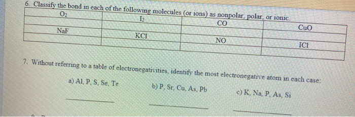 Solved 6. Classify the bond in each of the following | Chegg.com