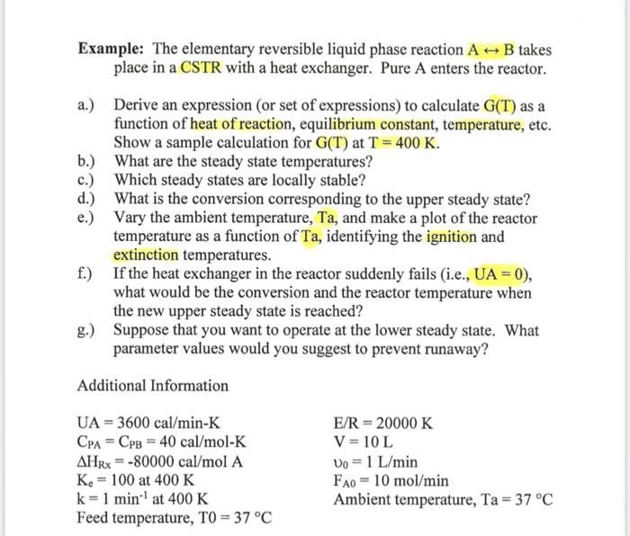 Solved Example: The elementary reversible liquid phase | Chegg.com