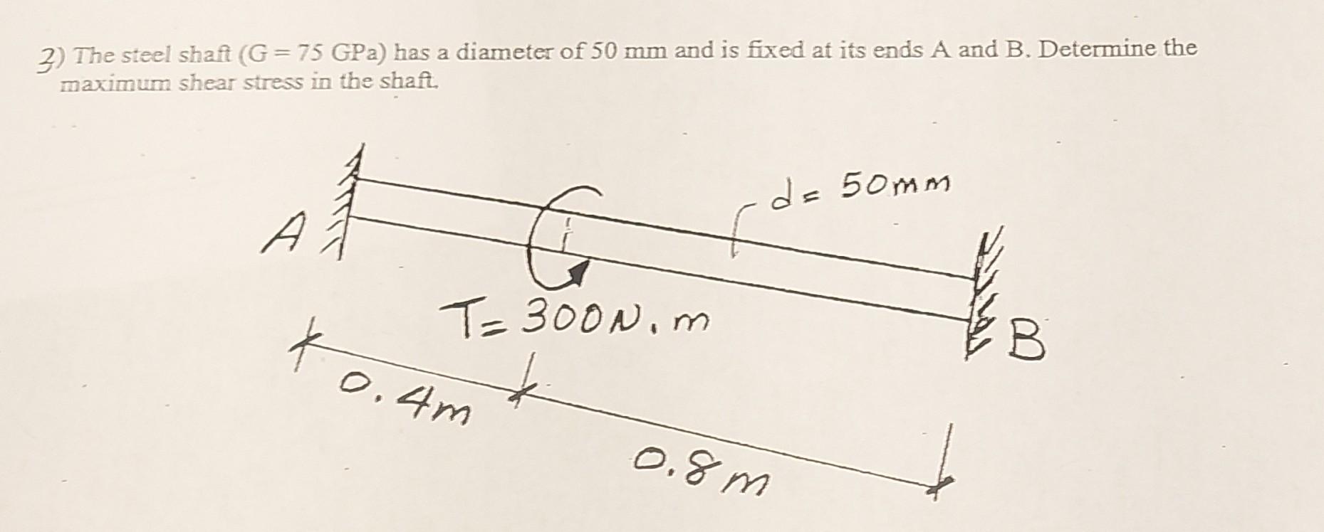 Solved 2) The steel shaft (G=75GPa) has a diameter of 50 mm | Chegg.com