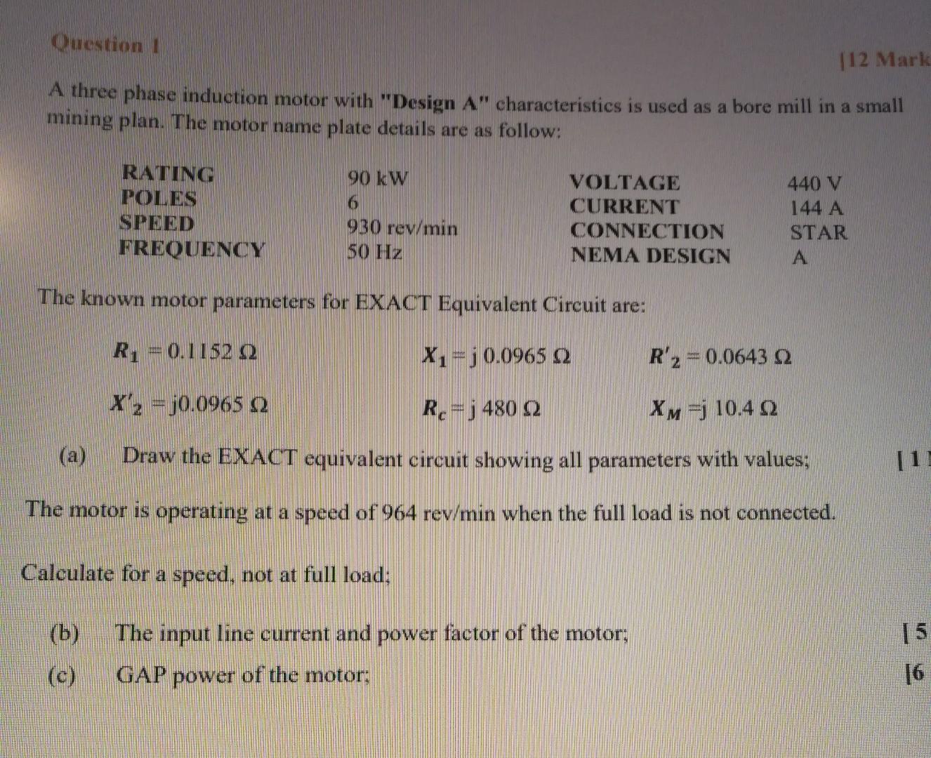 Solved Question 112 Mark A three phase induction motor with | Chegg.com