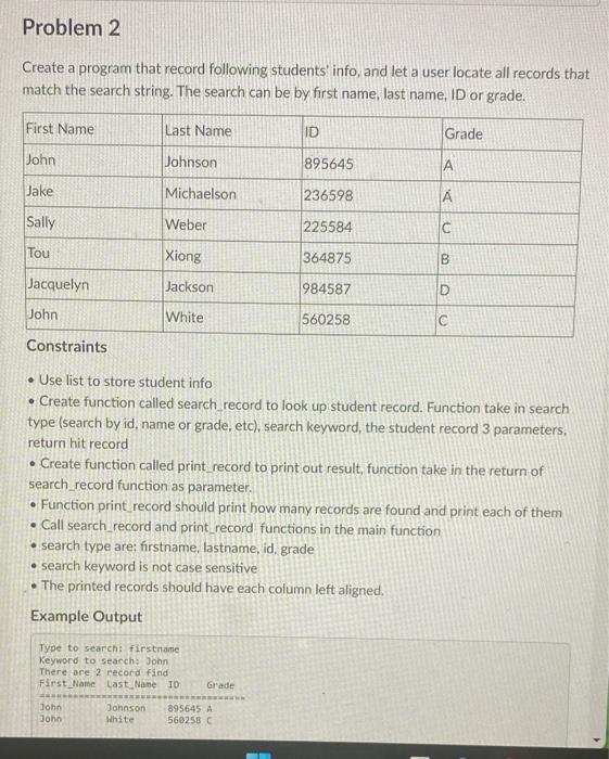 Solved Create a program that record following students' | Chegg.com