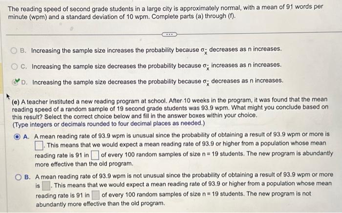 Solved The reading speed of second grade students in a large | Chegg.com