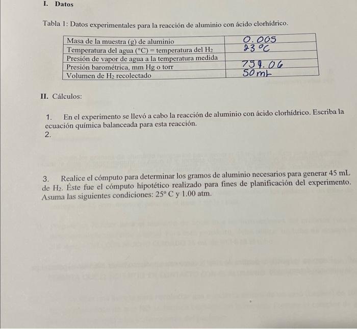 Tabla 1: Datos experimentales para la reacción de aluminio con ácido clorhídrico. II. Cálculos: 1. En el experimento se llevó