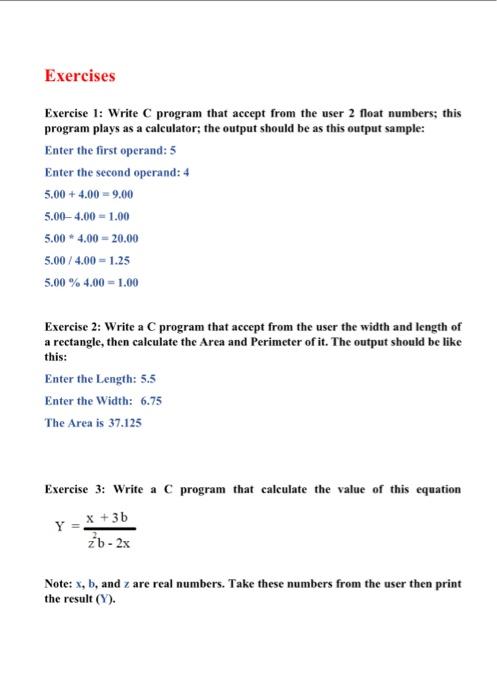 Solved Exercises Exercise 1: Write C program that accept | Chegg.com