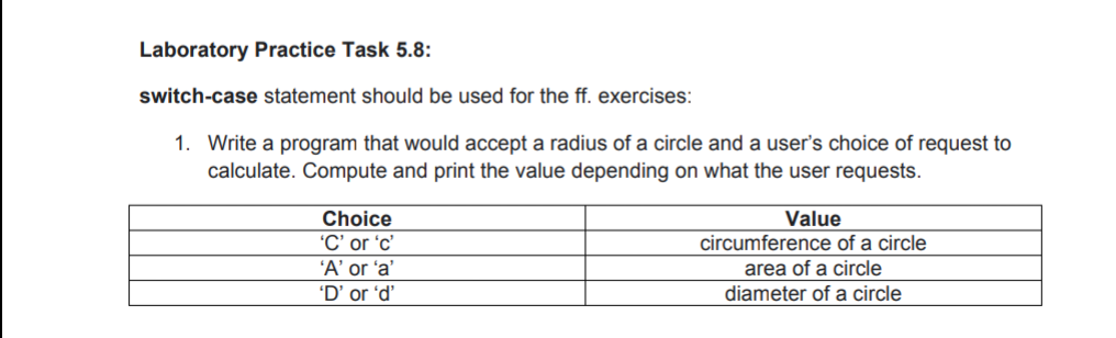 Solved Laboratory Practice Task 5.8: switch-case statement | Chegg.com