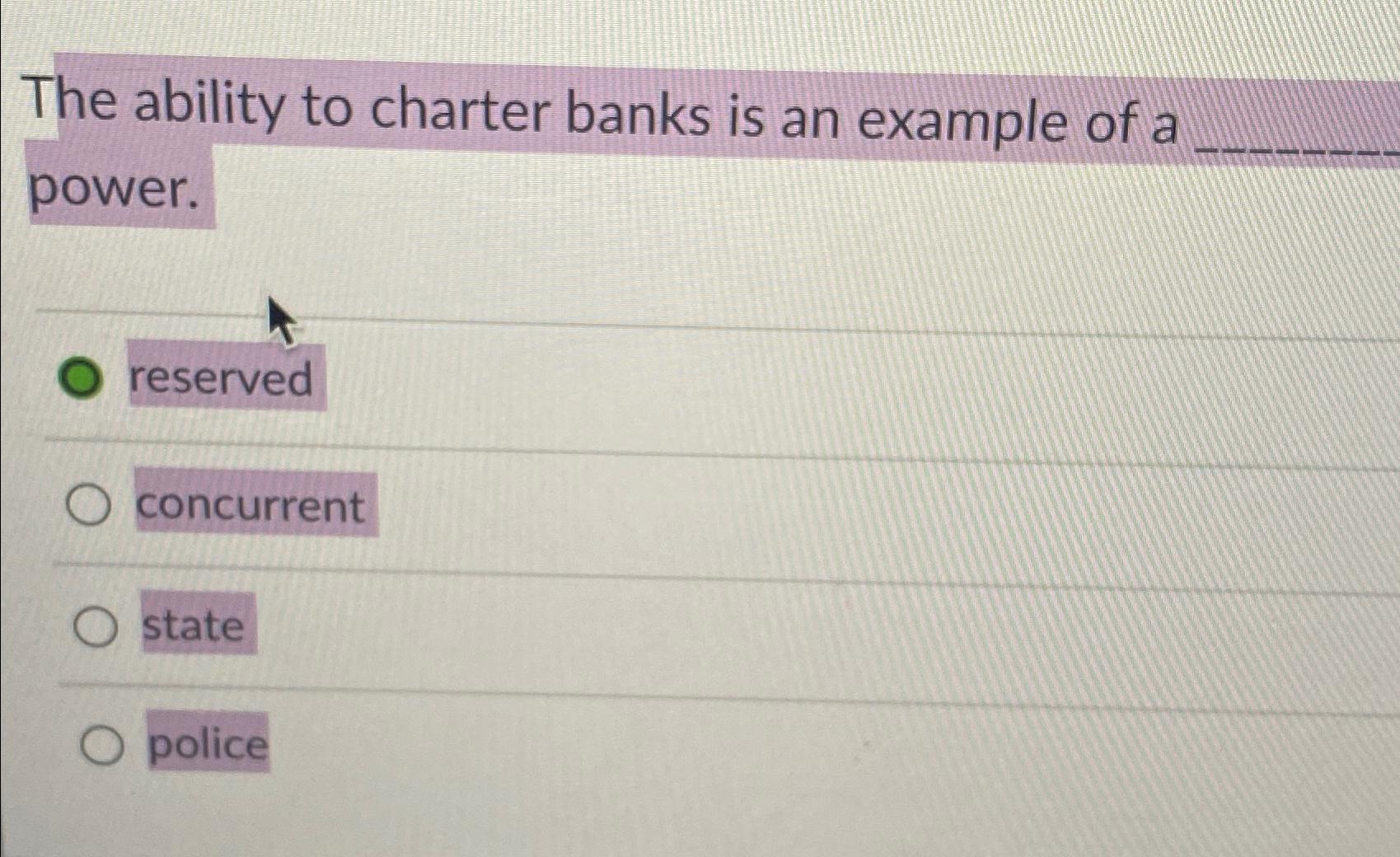 Solved The ability to charter banks is an example of a