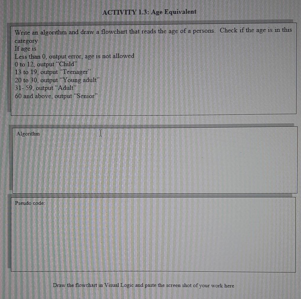 Solved ACTIVITY 1.3: Age Equivalent Write an algorithm and | Chegg.com