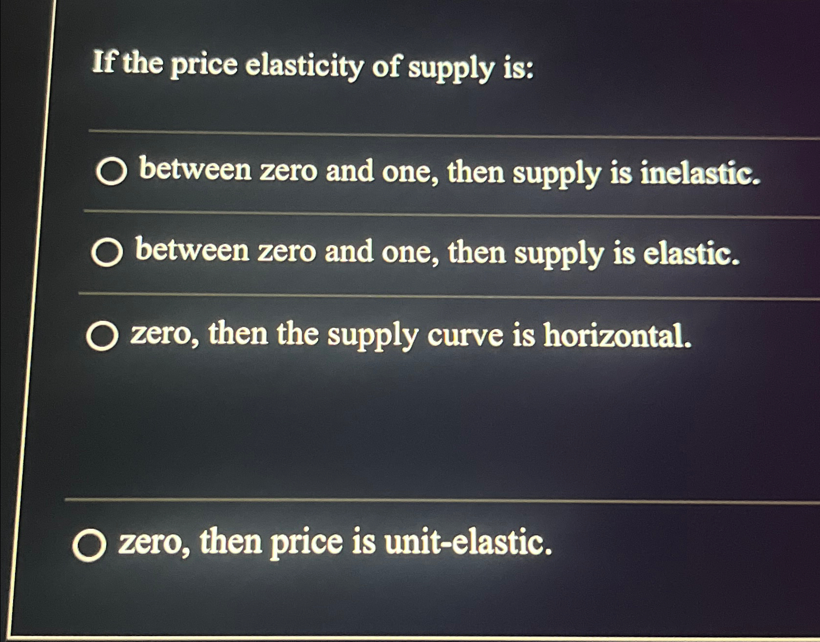 the coefficient of price elasticity of supply varies from zero to