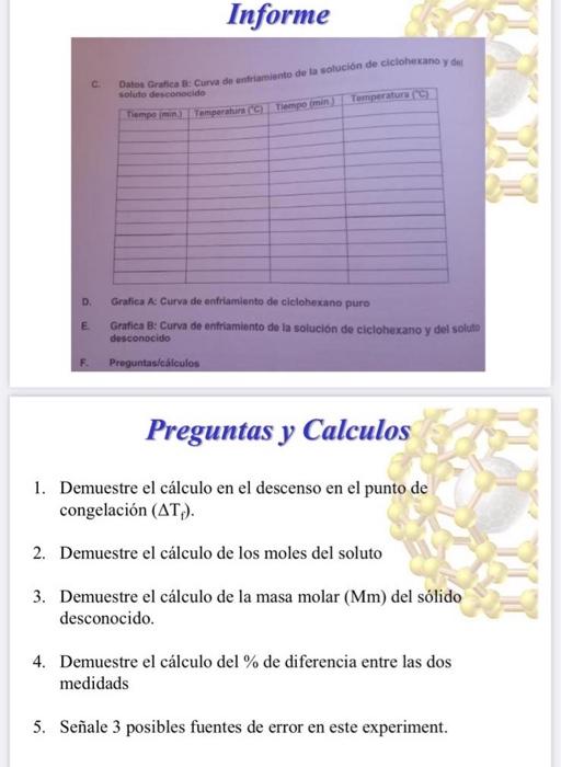 D. Grafica A Curva de enfriamiento de ciclohexano puro E. Grafica 8: Curva de enfriamionto de la solucion de ciclohexano y de