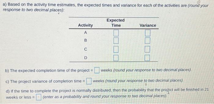 Solved The Estimated Times And Immediate Predecessors For | Chegg.com