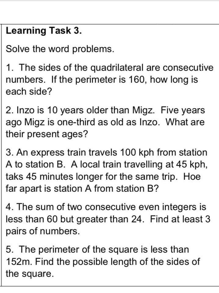 Solved Learning Task 3. Solve the word problems. 1. The | Chegg.com