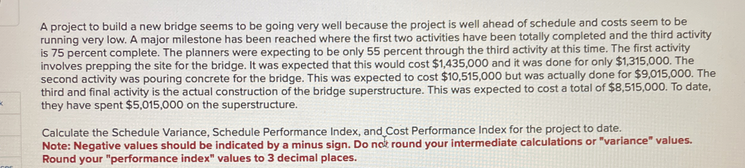 Solved A project to build a new bridge seems to be going | Chegg.com