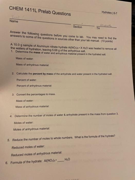 Solved CHEM 1411L Prelab Questions Hydrates 6-7 Name Section | Chegg.com