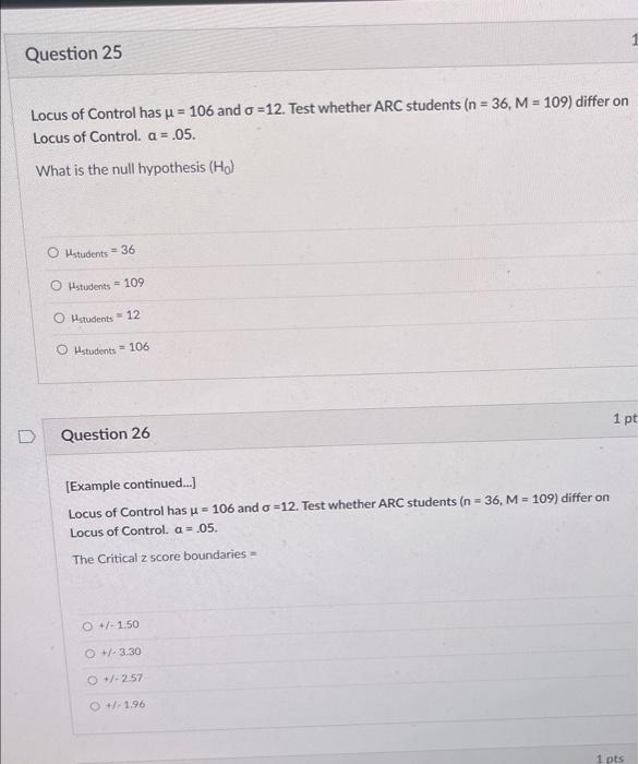 Solved Locus of Control has μ=106 and σ=12. Test whether ARC | Chegg.com
