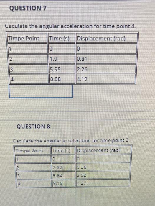 Solved QUESTION 7 Caculate the angular acceleration for time | Chegg.com