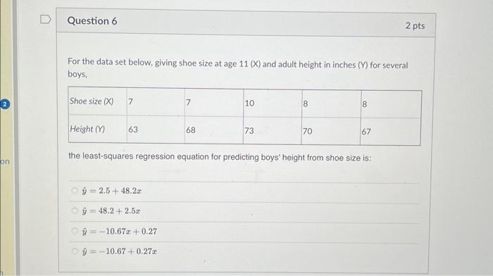 Solved For the data set below giving shoe size at age 11 X Chegg
