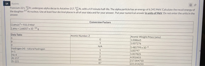 Solved 14 Points Francium 221 Fr Undergoes Alpha Decay To