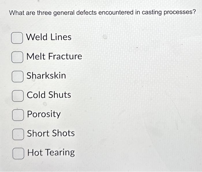 Solved What are three general defects encountered in casting | Chegg.com
