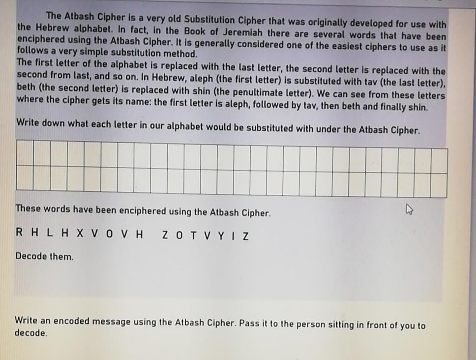 Solved The Atbash Cipher is a very old Substitution Cipher | Chegg.com