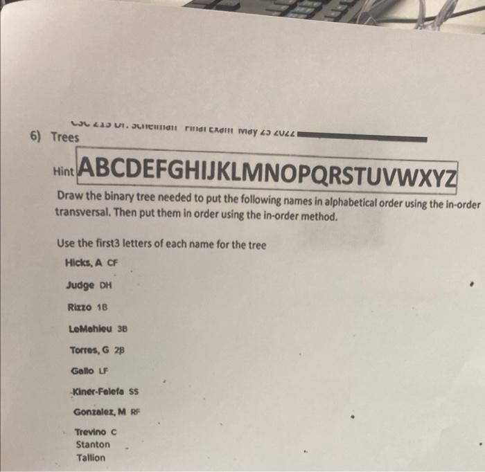 Draw the binary tree needed to put the following names in alphabetical order using the in-order transversal. Then put them in