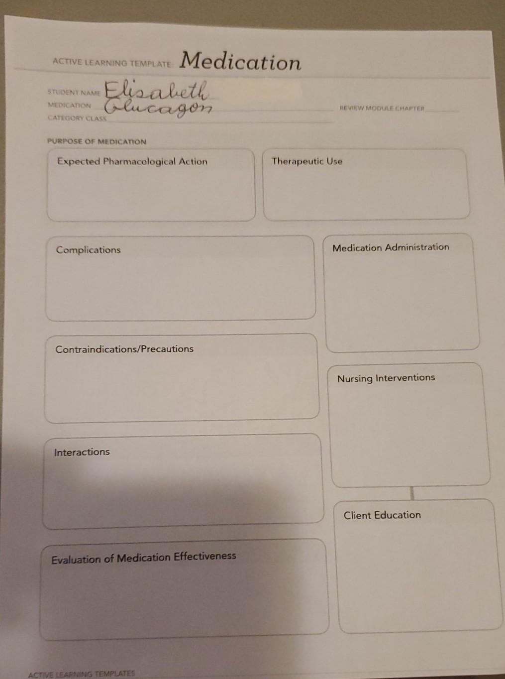 ACTIVE LEARNING TEMPLATE Medication Elisabeth Glucagon STUDENT NAME MEDICATON REVIEW MODULE CHAPTER CATEGORY CLASS PURPOSE OF