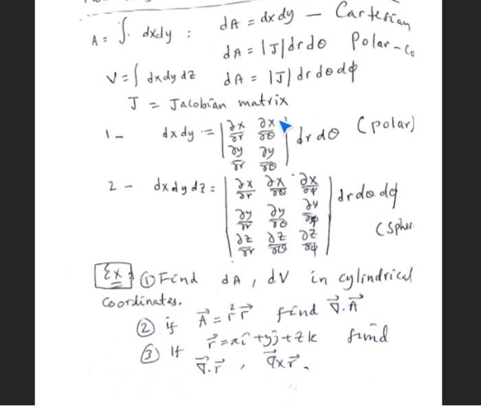 Solved dA = dx dy Cartesian - A: A = S. dxdy : da = 15/drdo | Chegg.com