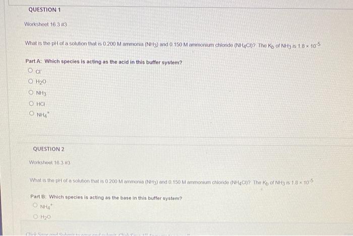 Solved QUESTION 1 Workshoot 16 3 #3 What is the pH of a | Chegg.com