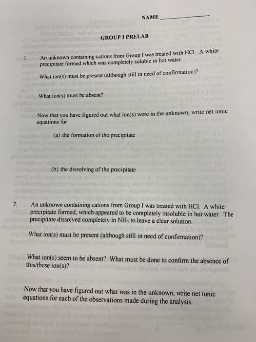 Solved NAME GROUP I PRELAB 1 An unknown containing cations | Chegg.com